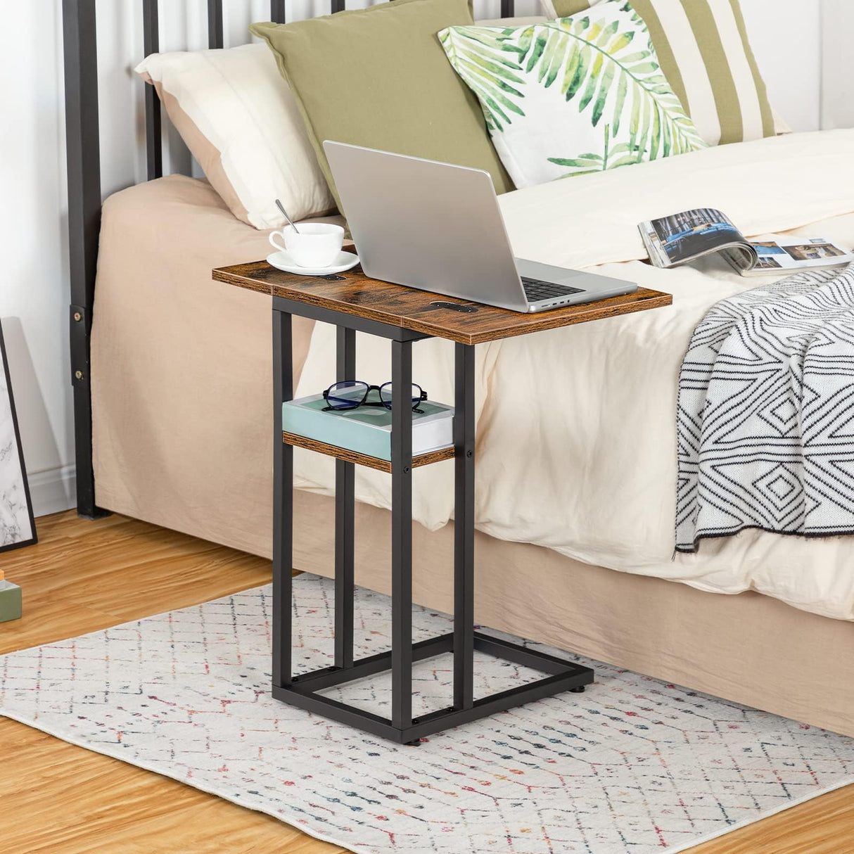 Foldable End Table, C Shaped Side Table with Storage Shelf, Small Snack Table Suitable
