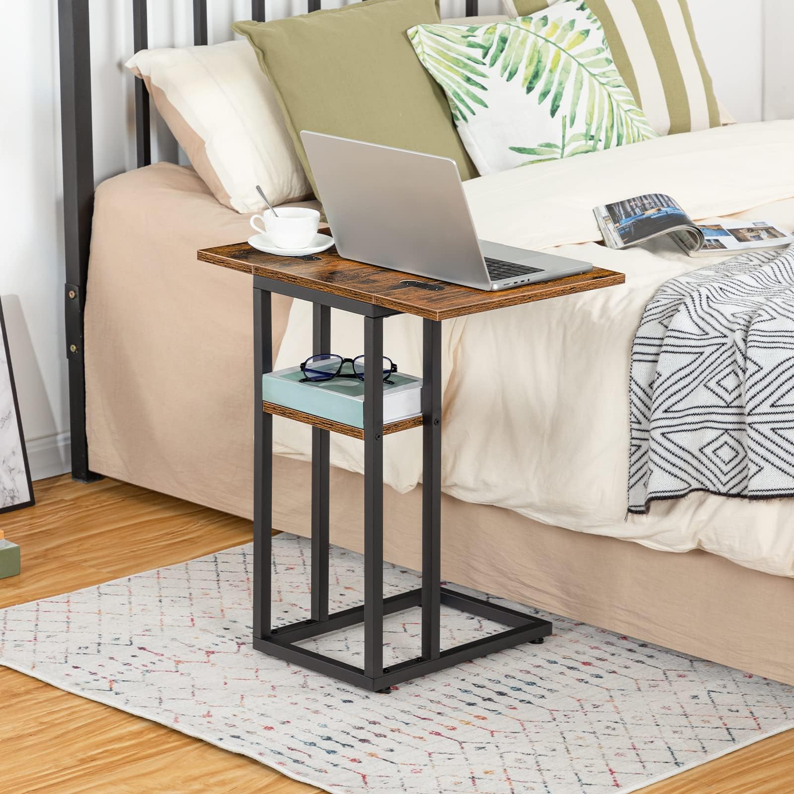 Foldable End Table, C Shaped Side Table with Storage Shelf, Small Snack Table Suitable