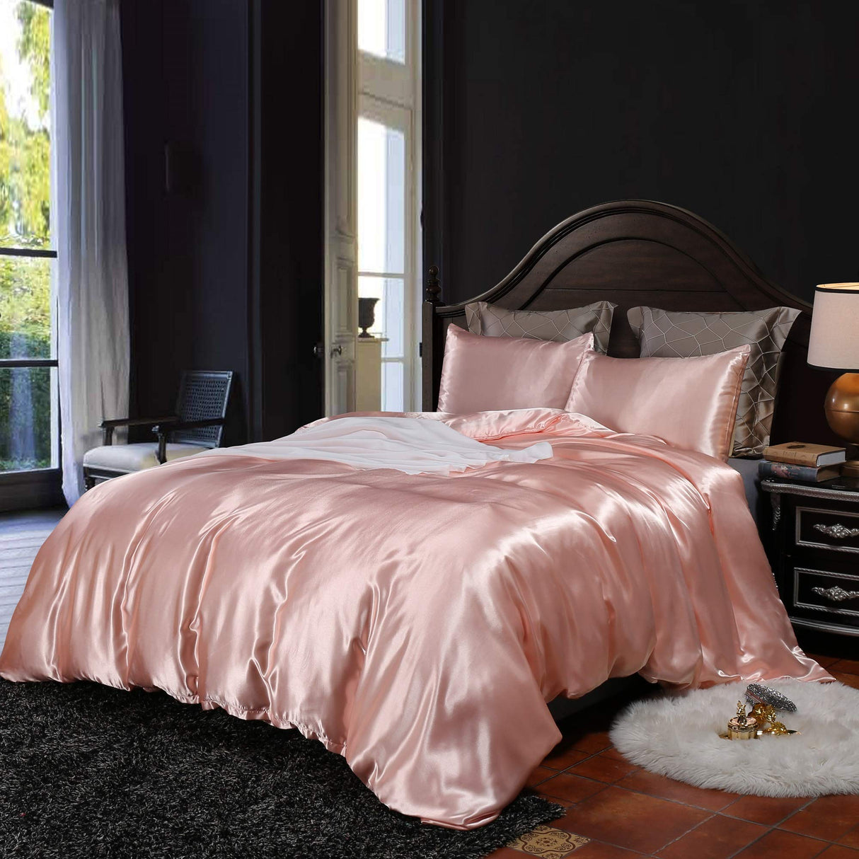 Hotel Pink Duvet Cover King Silk Like Satin Bedding Set