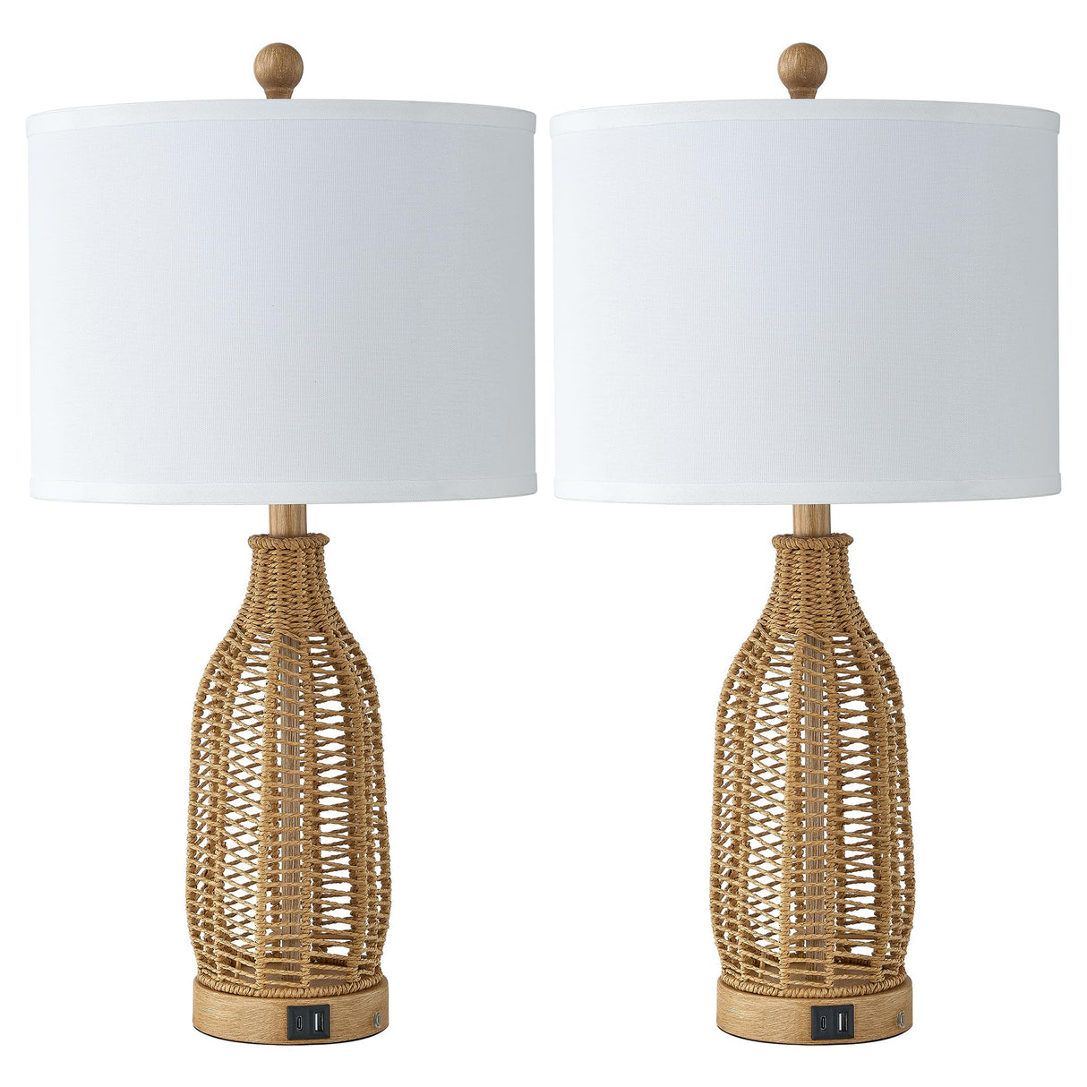24.5" Rattan Table Lamps Set of 2 with USB Charging Ports