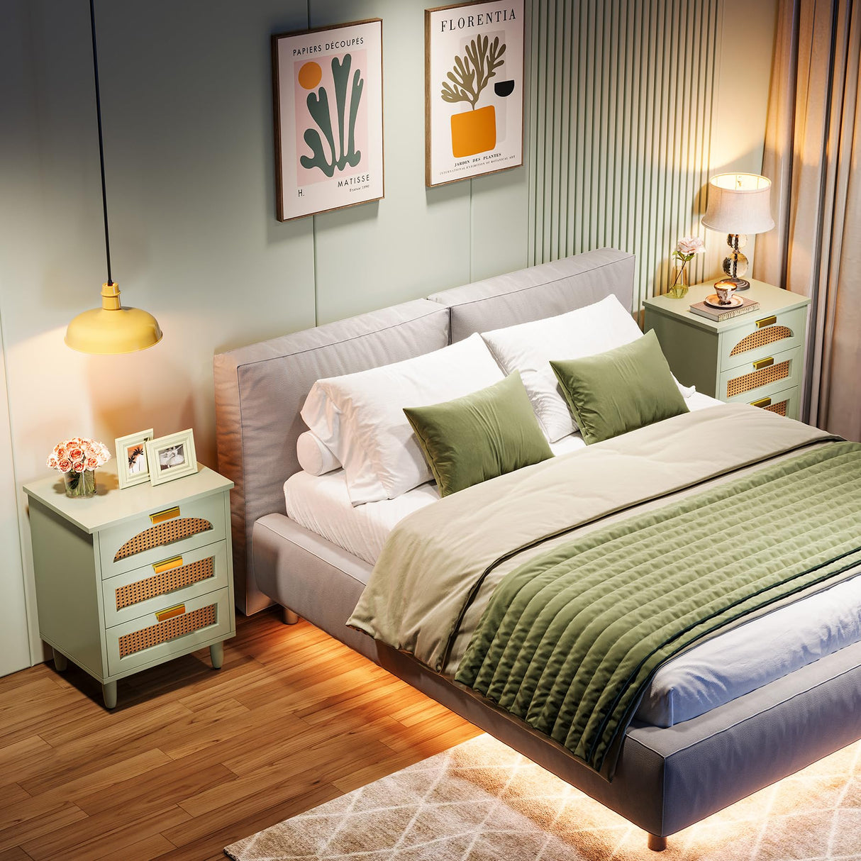 Mint Green Nightstand, 3-Drawer Rattan Night Stand Side Table, Accent Bedside Tables