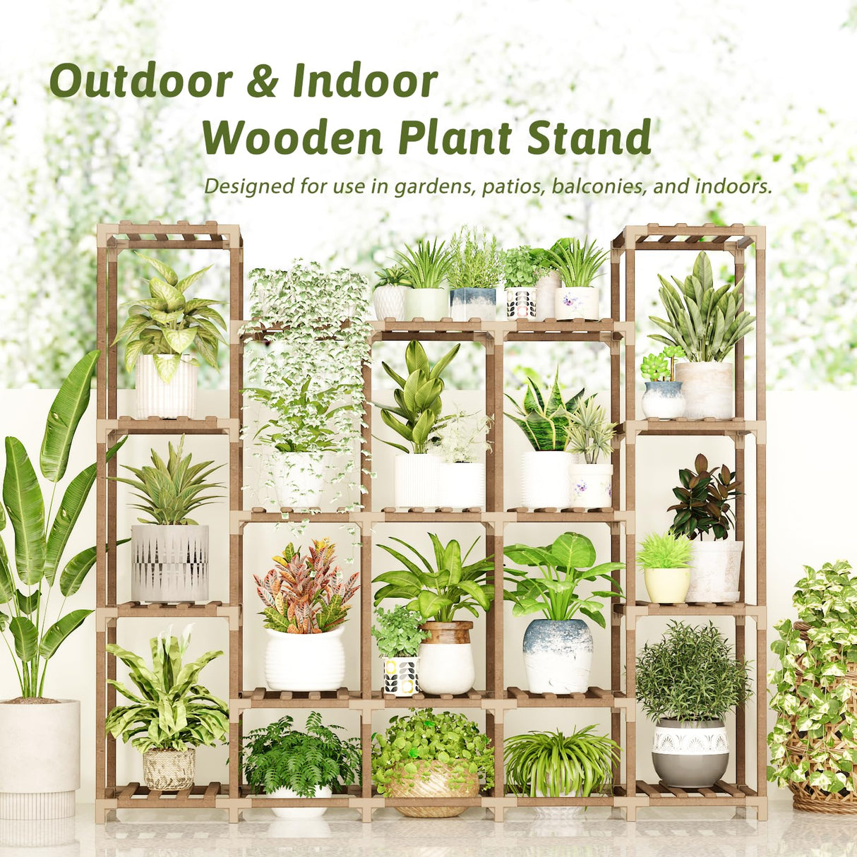 GENTINGBRO Large Wooden Plant Shelf – 5 Tier Tall Plant Stand