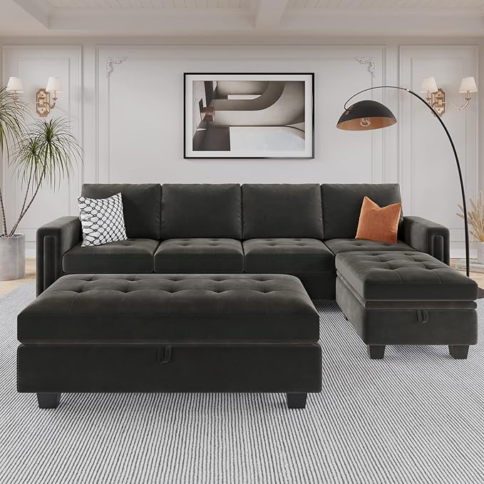 Velvet Convertible 4-Seat Sectional Sofa with Reversible Chaise L Shaped Sofa