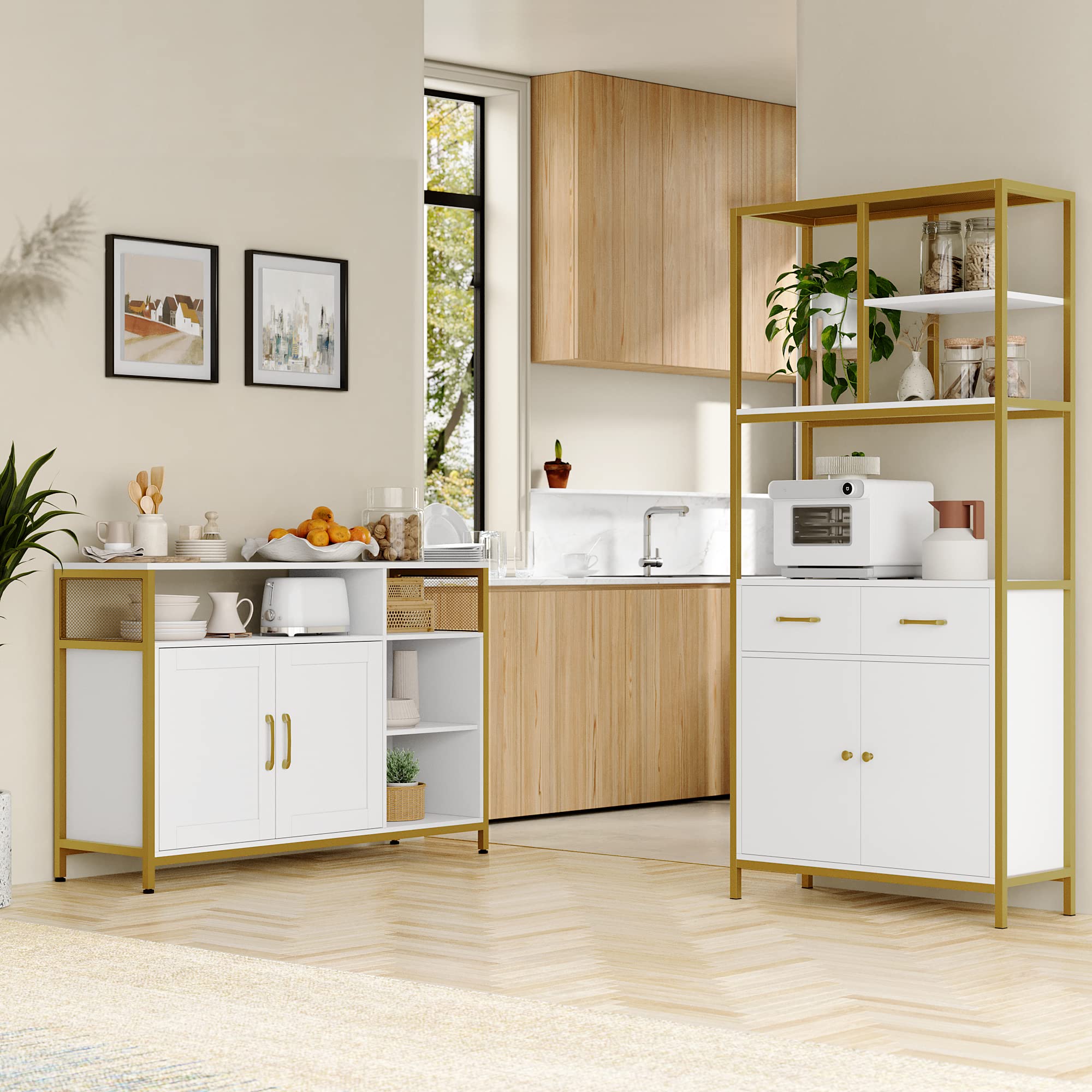 all Bookshelf, Modern White and Gold Bookcase, Book Shelves with Drawers and Storage Cabinet, Metal Etagere Bookcase Display Shelves for Home Office, Gold/White