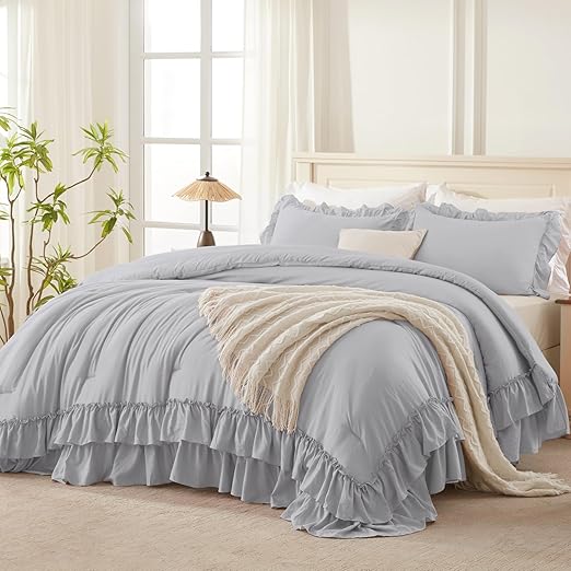 = White Comforter Set Queen Size, Lightweight Fluffy Farmhouse White Ruffle=