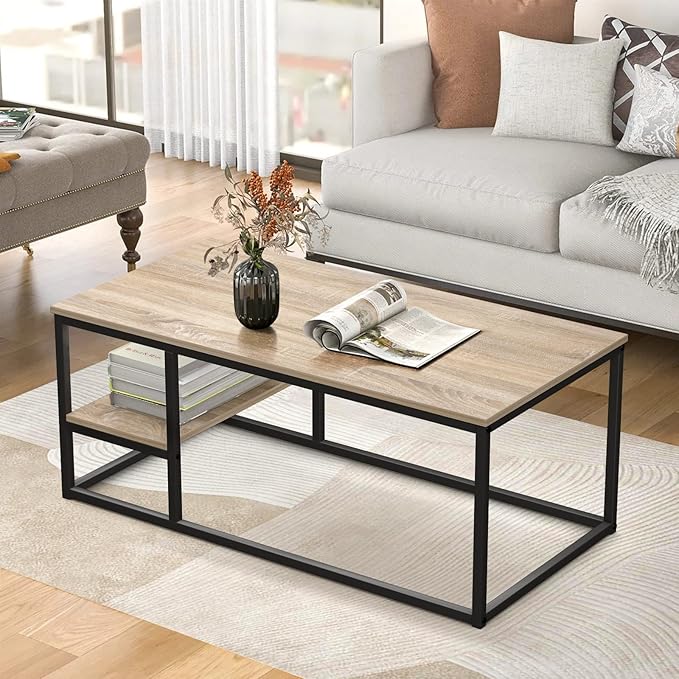 Coffee Table, Living Room Table, Coffee Table with Steel Frame and Shelves