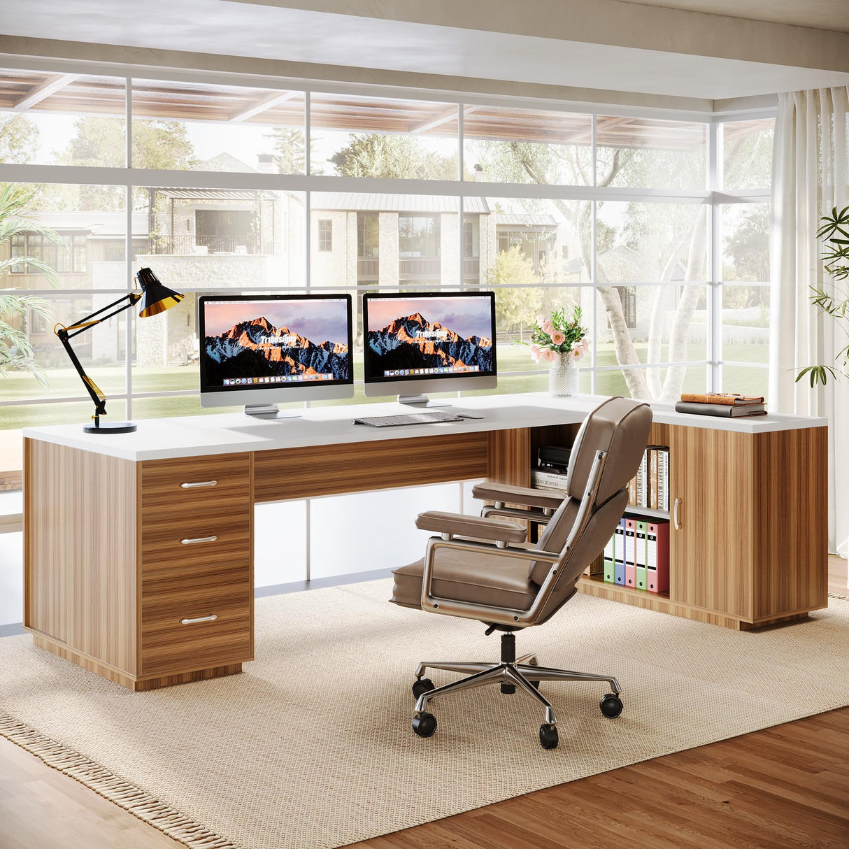 85.8" L-Shaped Executive Desk, Extra Large Office Desk with File Drawers