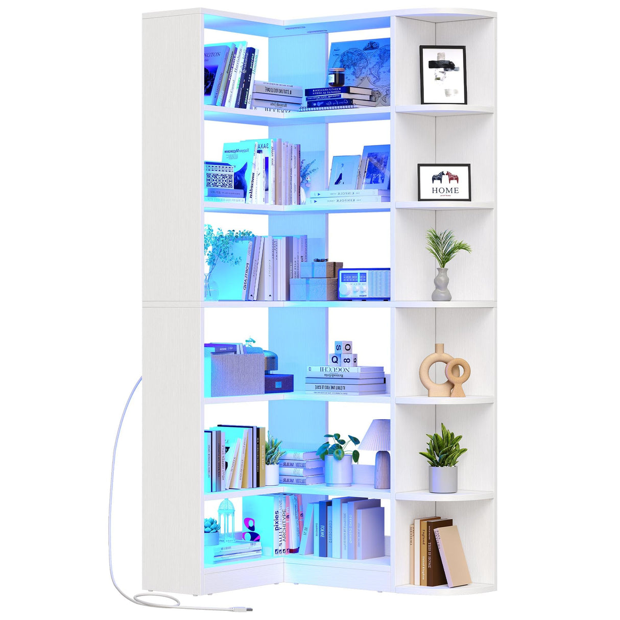 6 Tier Corner Bookshelf with LED Light, White Bookshelf L-Shaped Bookcase Storage