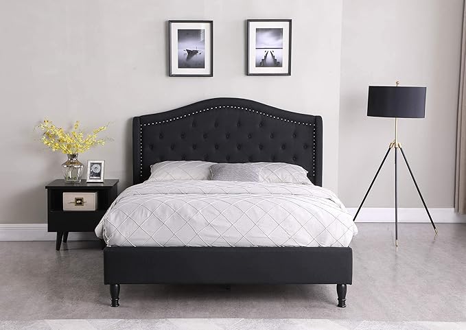 Platform Bed Frame with 51" Tall Headboard - Button Tufted Cloth Bed