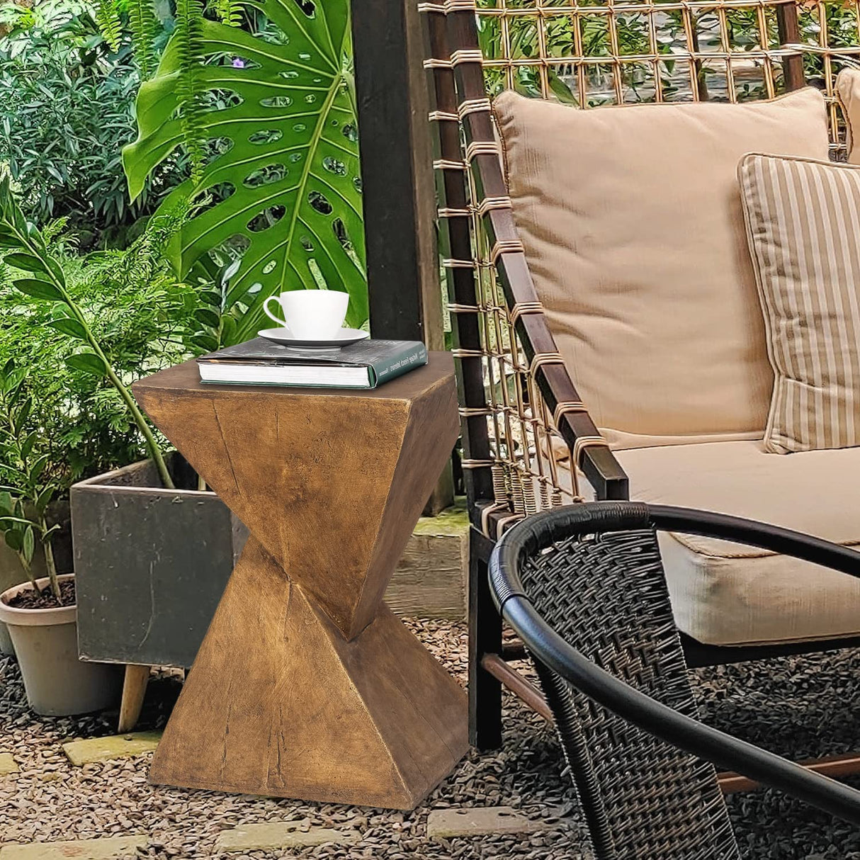 Light-Weight Concrete Accent End Table, Modern Hourglass Outdoor Side T