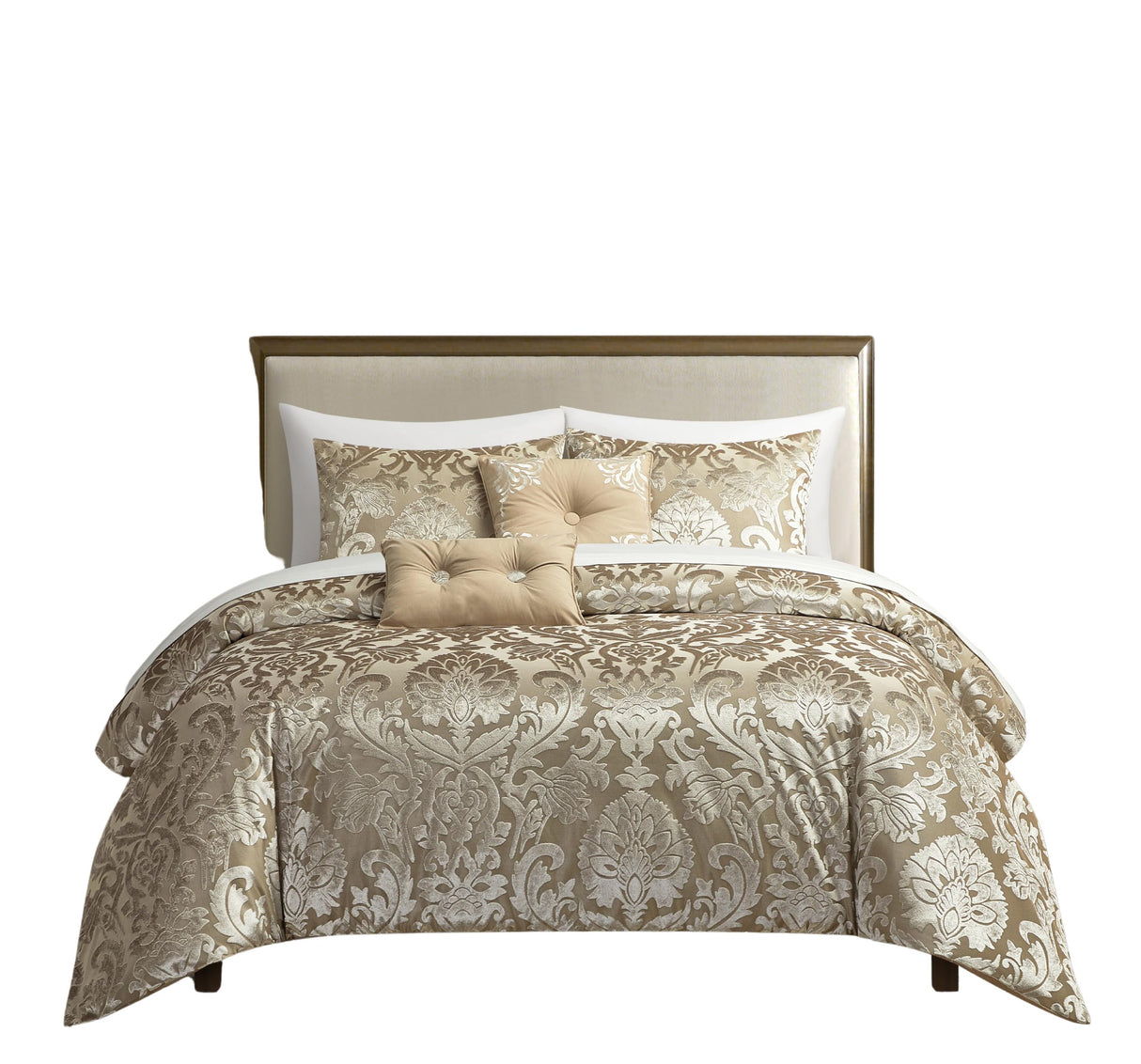 Chic 5 Piece Jacquard Comforter Set Burnout Velvet Design with Decorative Pillows, Shams - Taupe