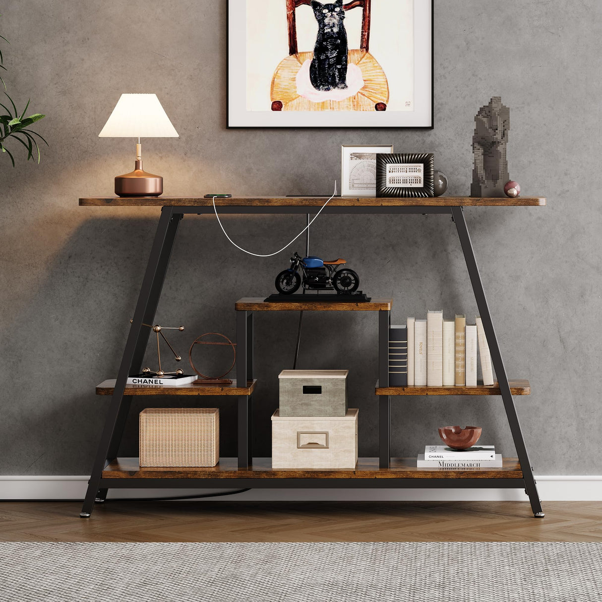 BedsPick 47.3" Console Table with Outlet, Entryway Table with 4-Tier Storage Shelves, Narrow Sofa Table with Charging Station, Couch Table Behind Sofa for Entryway, Hallway, Living Room, Rustic Brown