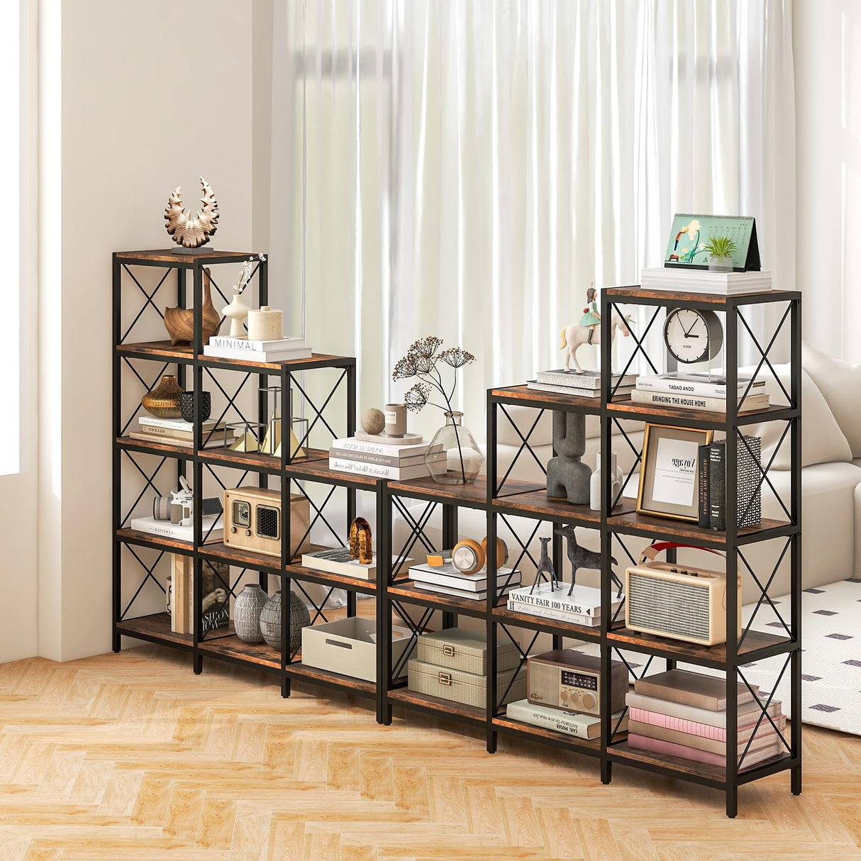 9 Cubes Bookshelf, 5-Tier Stepped Bookcase w/Carbon Steel Frame, Anti-Tipping Kits & Adjustable Foot Pads, 12 Shelves Storage Open Display Shelf for Home Office (9-Cube, Brown)