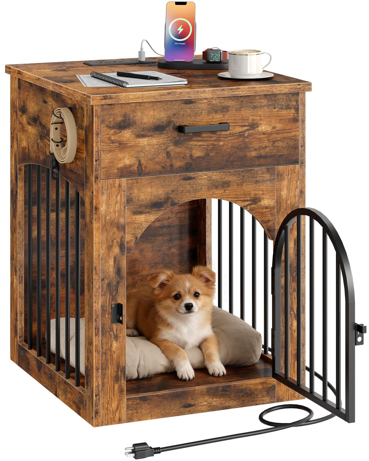 Wooden Dog Crate Furniture with Charging Station & Storage