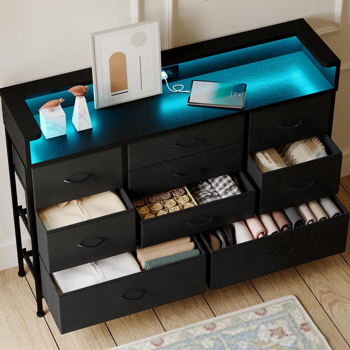 Black LED Dresser for Bedroom, Dresser with 9 Drawers