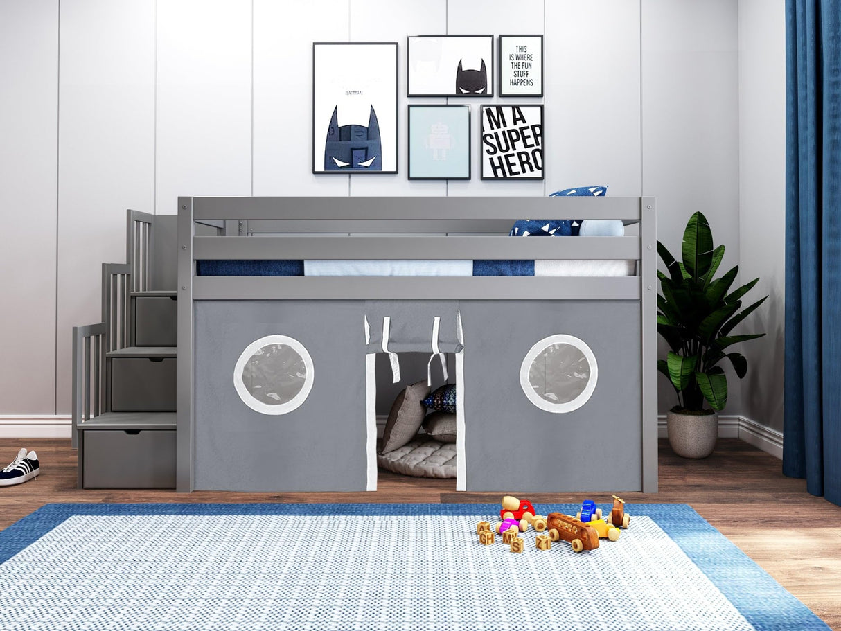 Contemporary Low Loft Twin Bed with a 3 Drawer Stairway, Gray with Gray & White Tent