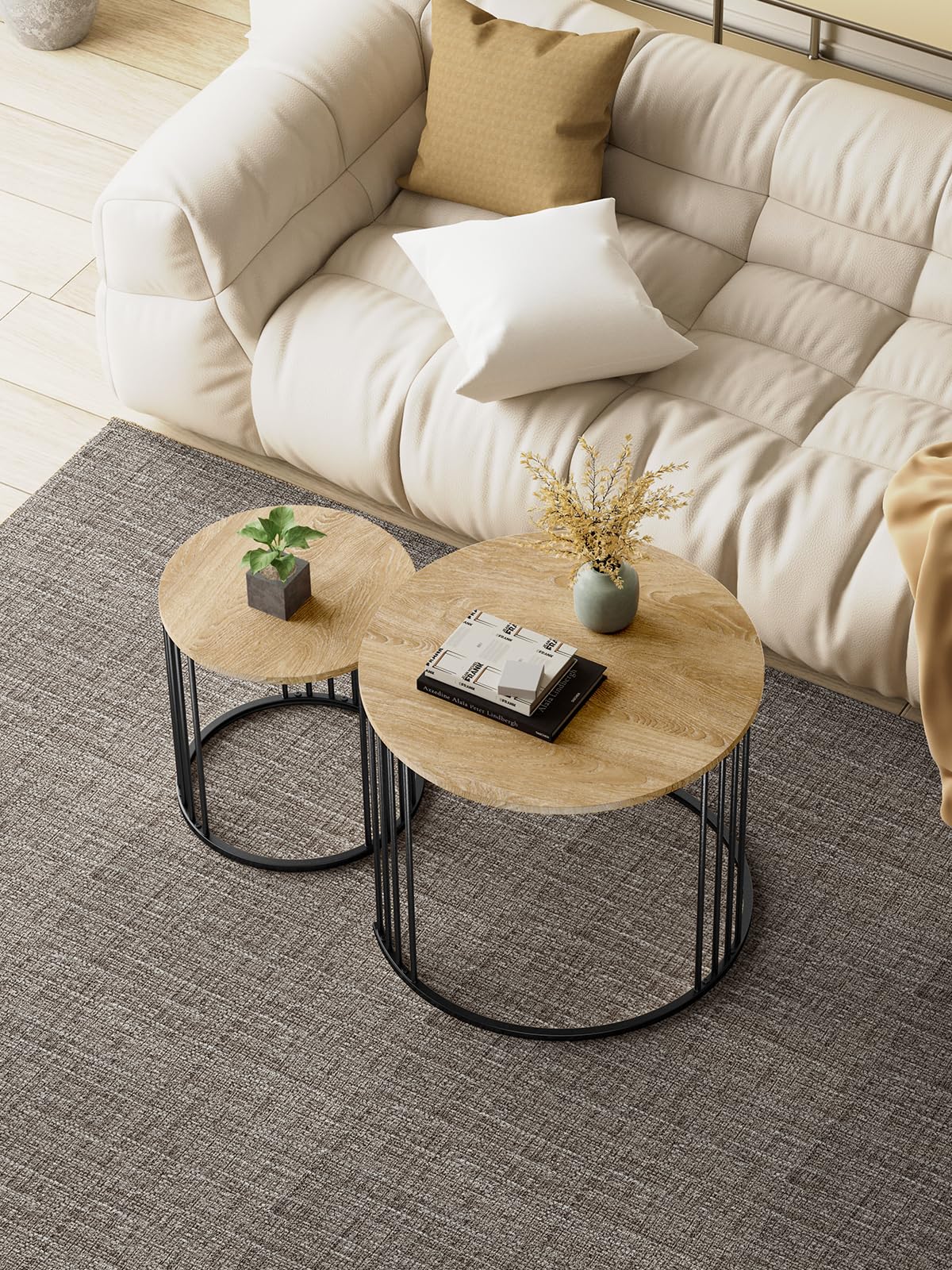 Nesting Coffee Table Set of 2, Round Table, Morden End Side Table Night Stand