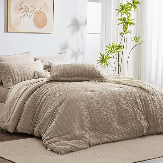King Seersucker Comforter Set with Sheets Beige Bed