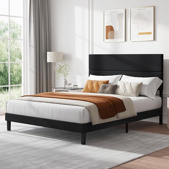 Queen Size Bed Frame, Upholstered Platform Bed with Adjustable Headboard