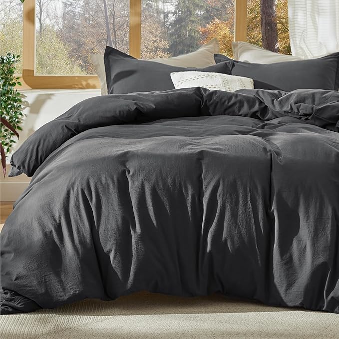 100% Stone Washed Cotton Duvet Cover King - Charcoal Minimalist Cotton Duvet Cover
