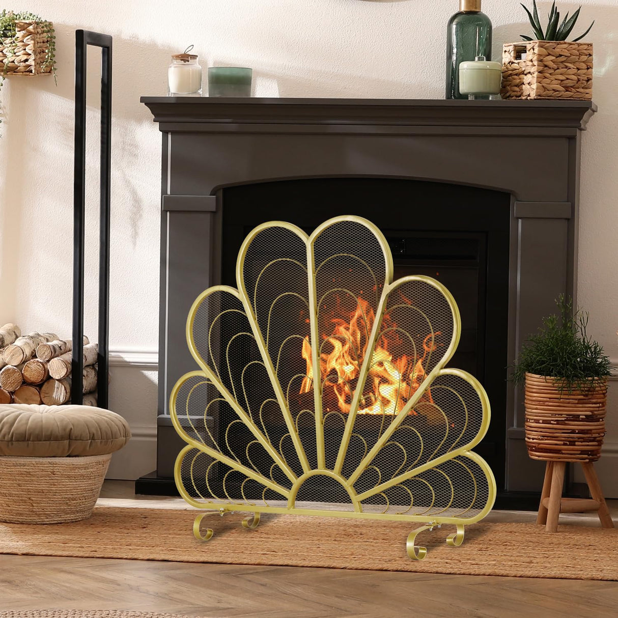 38 x 32 Inch Peacock Feather Shaped Brass-Tone Metal Fireplace Screen