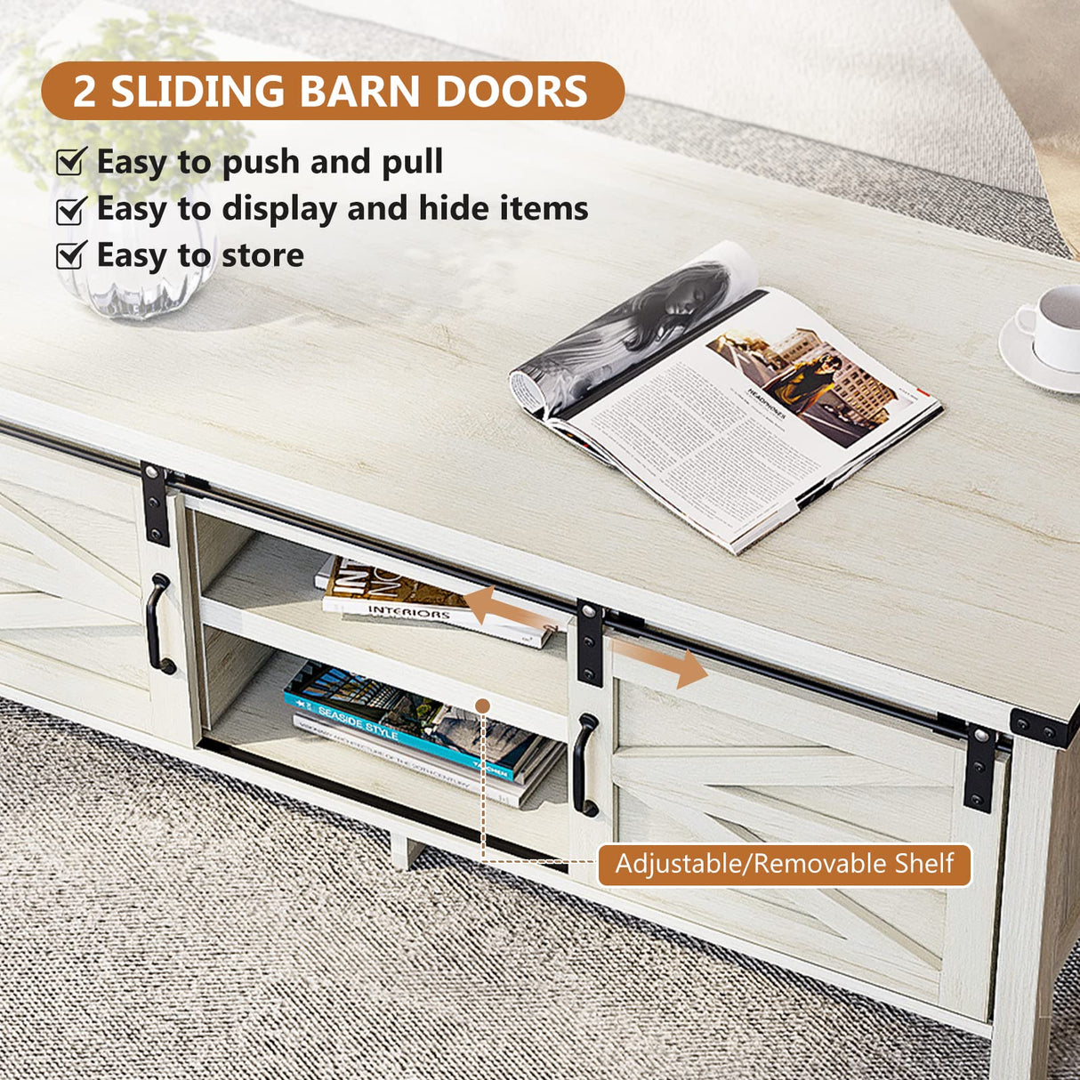 Farmhouse Coffee Table with Sliding Barn Doors & Storage