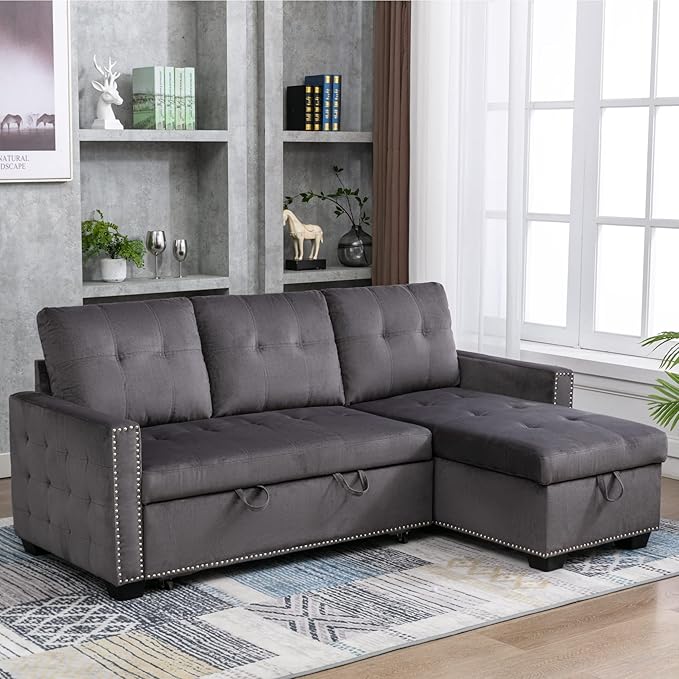 76.8'' Pull Out Sleeper Reversible Sectional Storage Sofa Bed, Convertible Velvet Corner Sofa Bed and Reversible