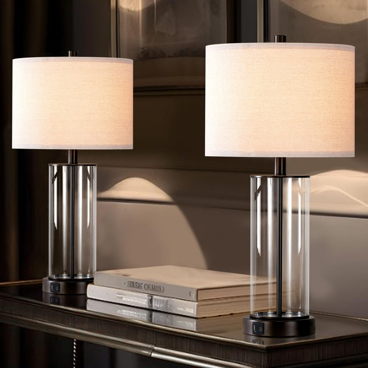 23.5'' Glass Table Lamp Set of 2 for Living Room with USB Ports and AC Outlets