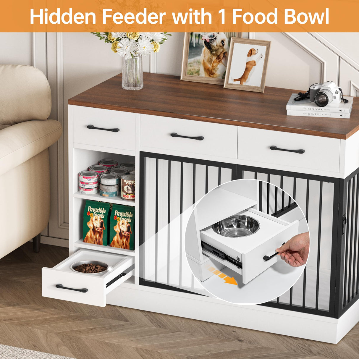 Large Dog Crate Furniture with Storage Drawers - 47.2 Inch Wooden Kennel