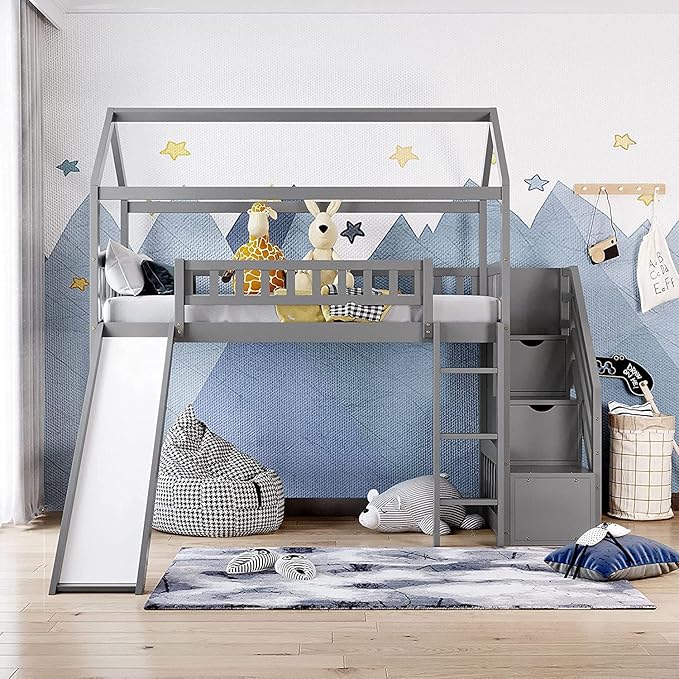 House Bed Loft Bed with Slide, Twin Loft Bed with Stairs and Storage