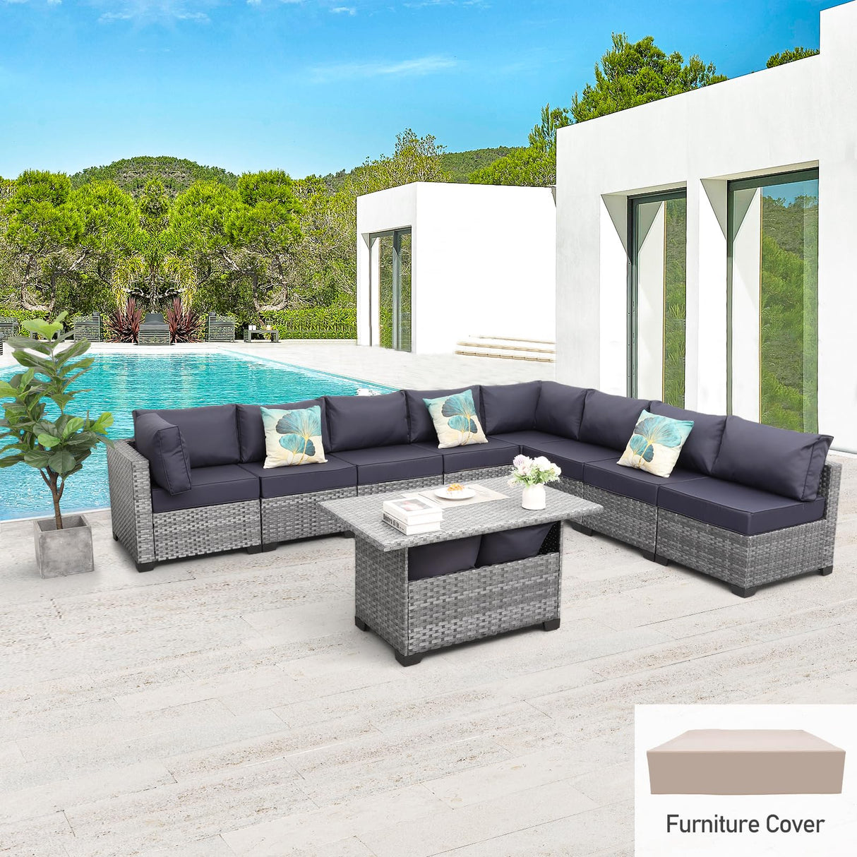 Patio Conversation Set Sectional Sofa 9 Pieces Outdoor Sectional Wicker Furniture