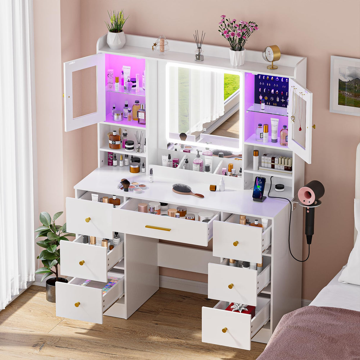 White Makeup Vanity Desk with Mirror and Lights, Make up Vanity Desk