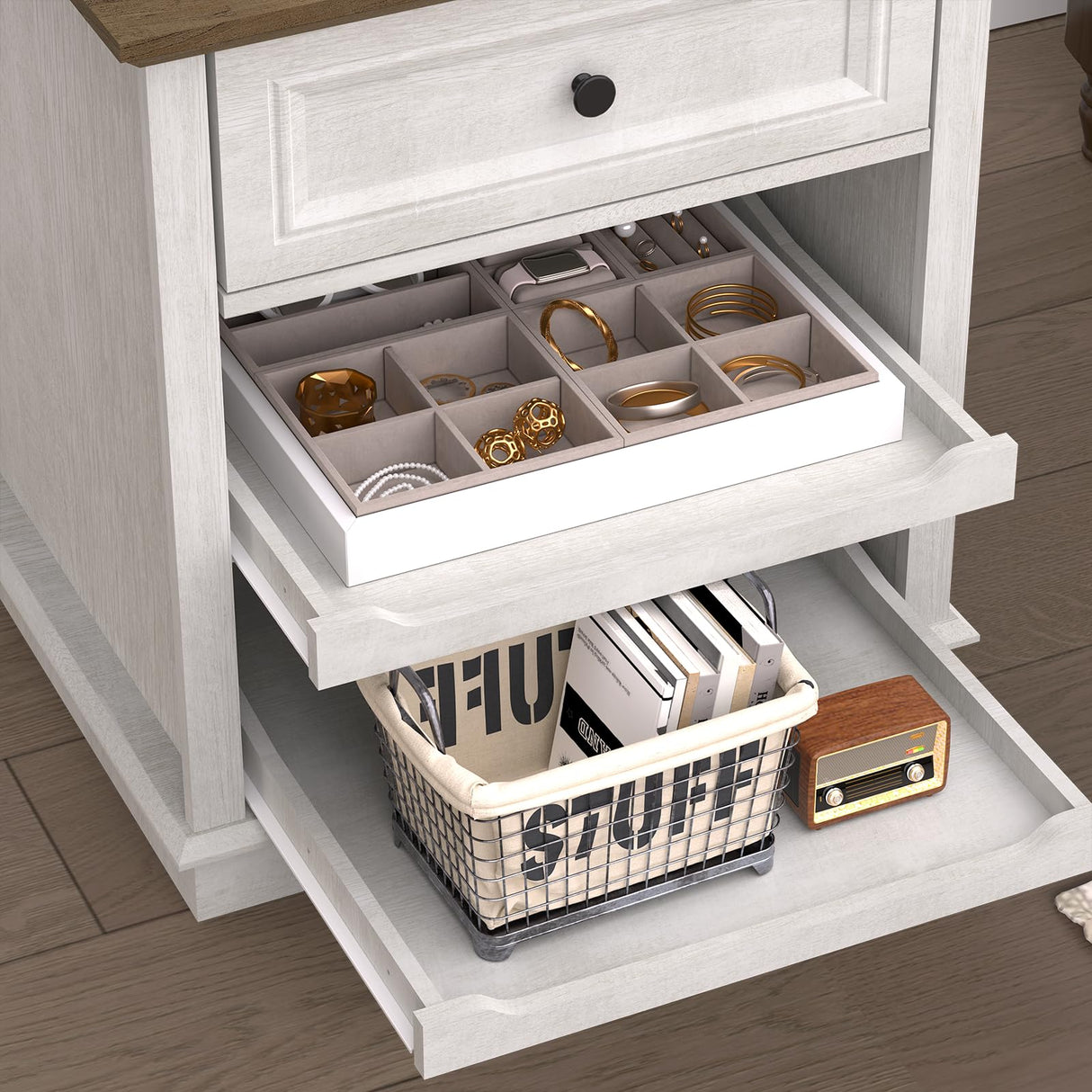 REDAYFUR 24" Large End Table with Charging Station, Sofa Side Table with Drawers, Square Storage Table with 2 Open Mind Drawers & Adjustable Storage Shelf for Living Room,Study Room,Antique White