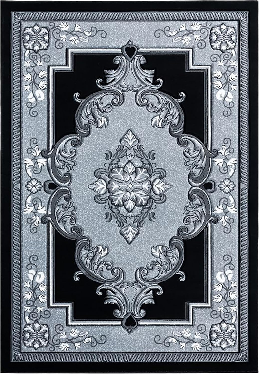 Traditional Hand-Carved Area Rug 5x7 - Black & Grey Floral Medallion