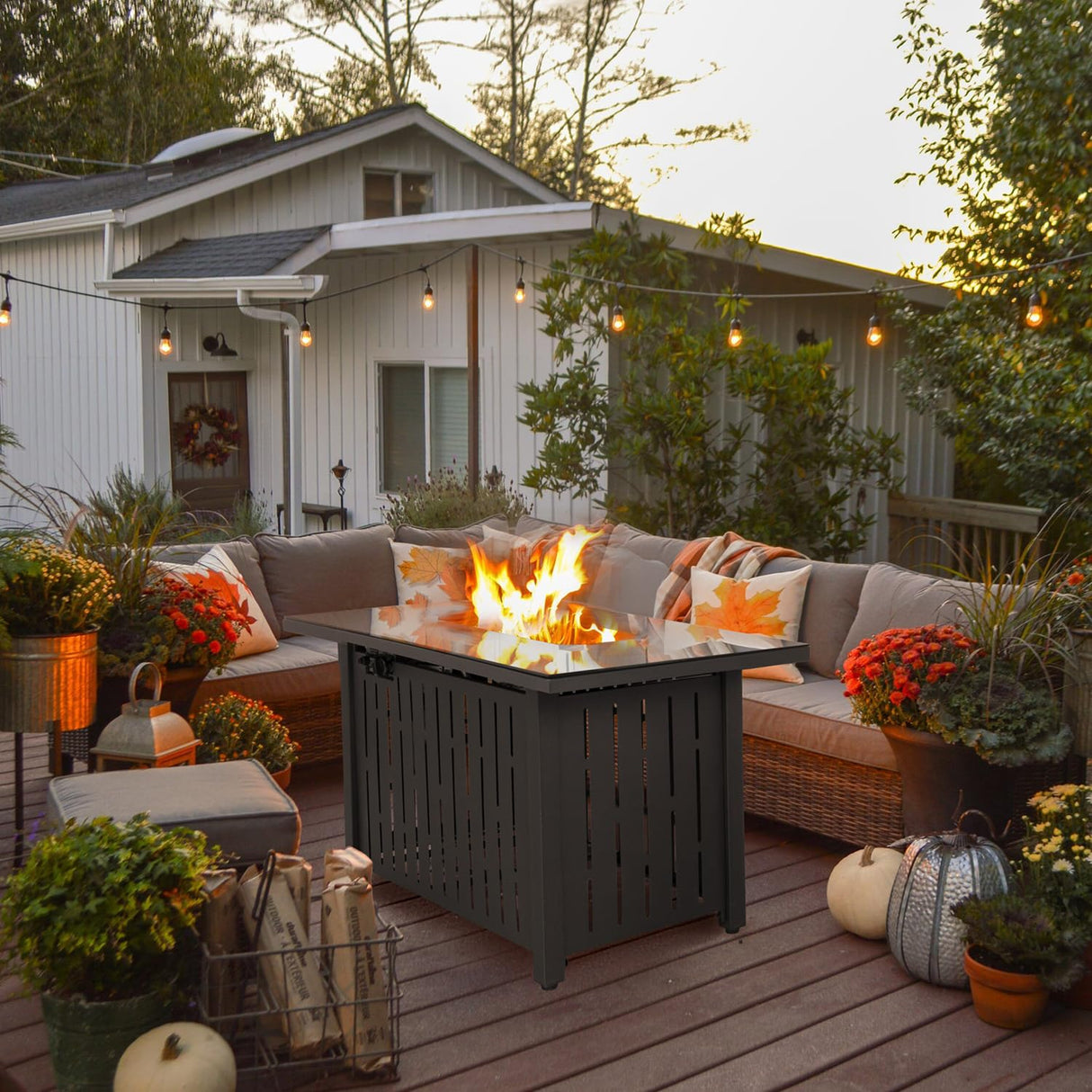 Flamaker Gas Fire Pit Table 43 inch 50000 BTU Outdoors Gas Propane Firepits with Tempered Glass Desktop, Lid & Lava Rock and Waterproof Cover for Deck, Backyard, Patio - Bircata