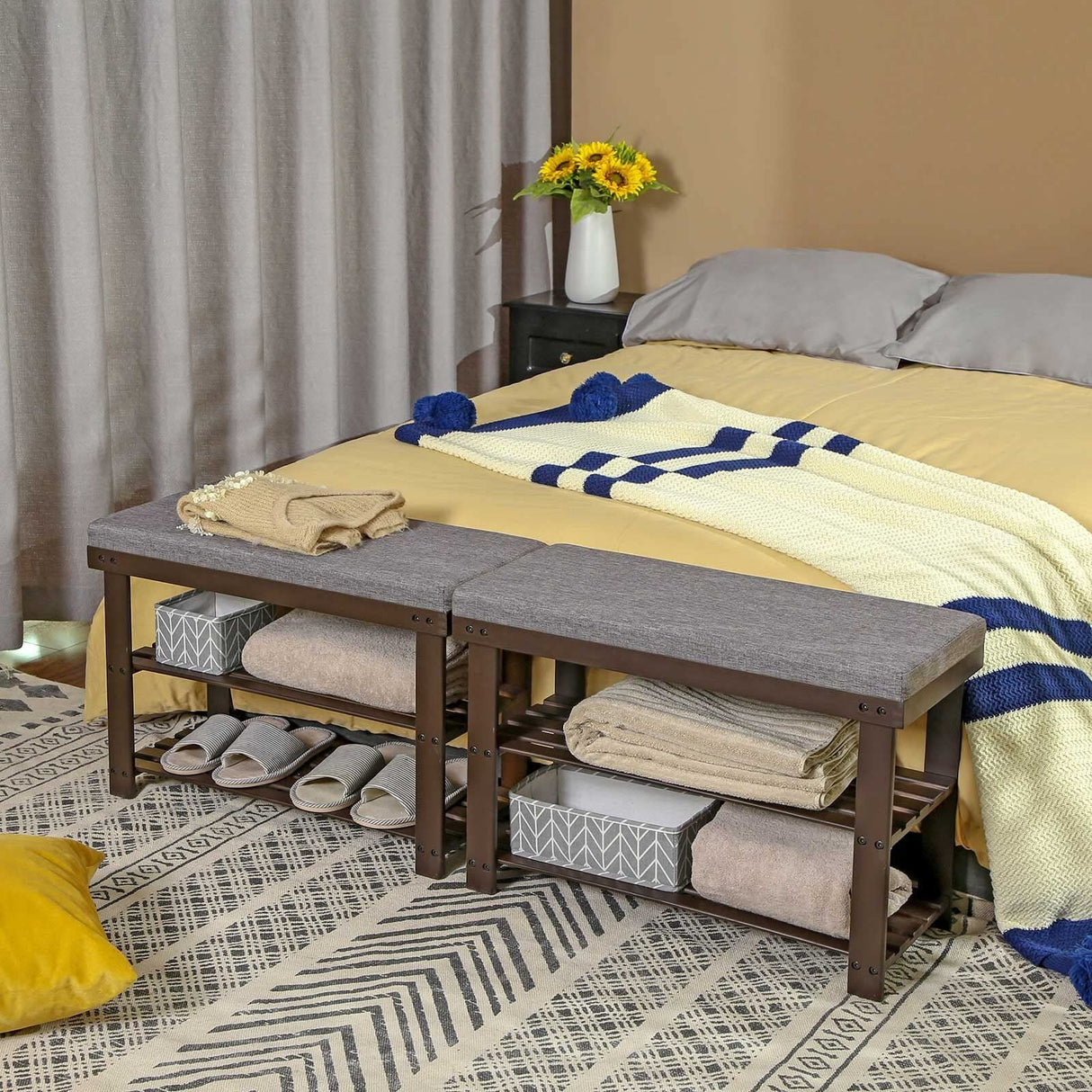 Bamboo Shoe Bench 2-Tier Rack Stable Organizer