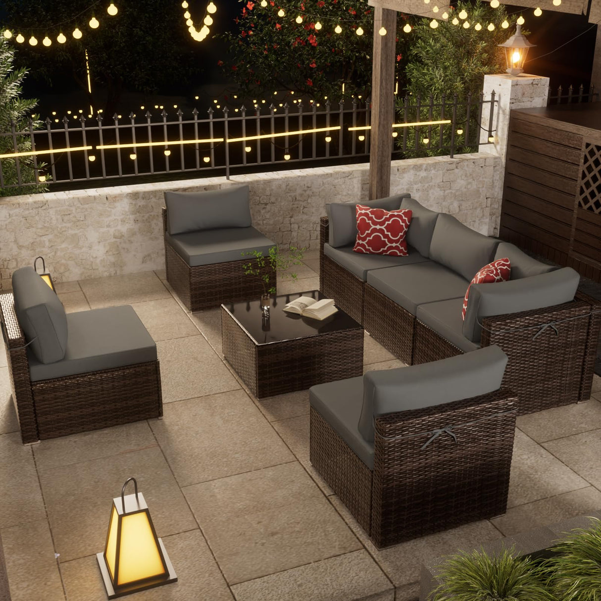 7-Piece Patio Furniture Set, Brown PE Rattan Sectional Sofa with Water-Resistant Gray Cushions