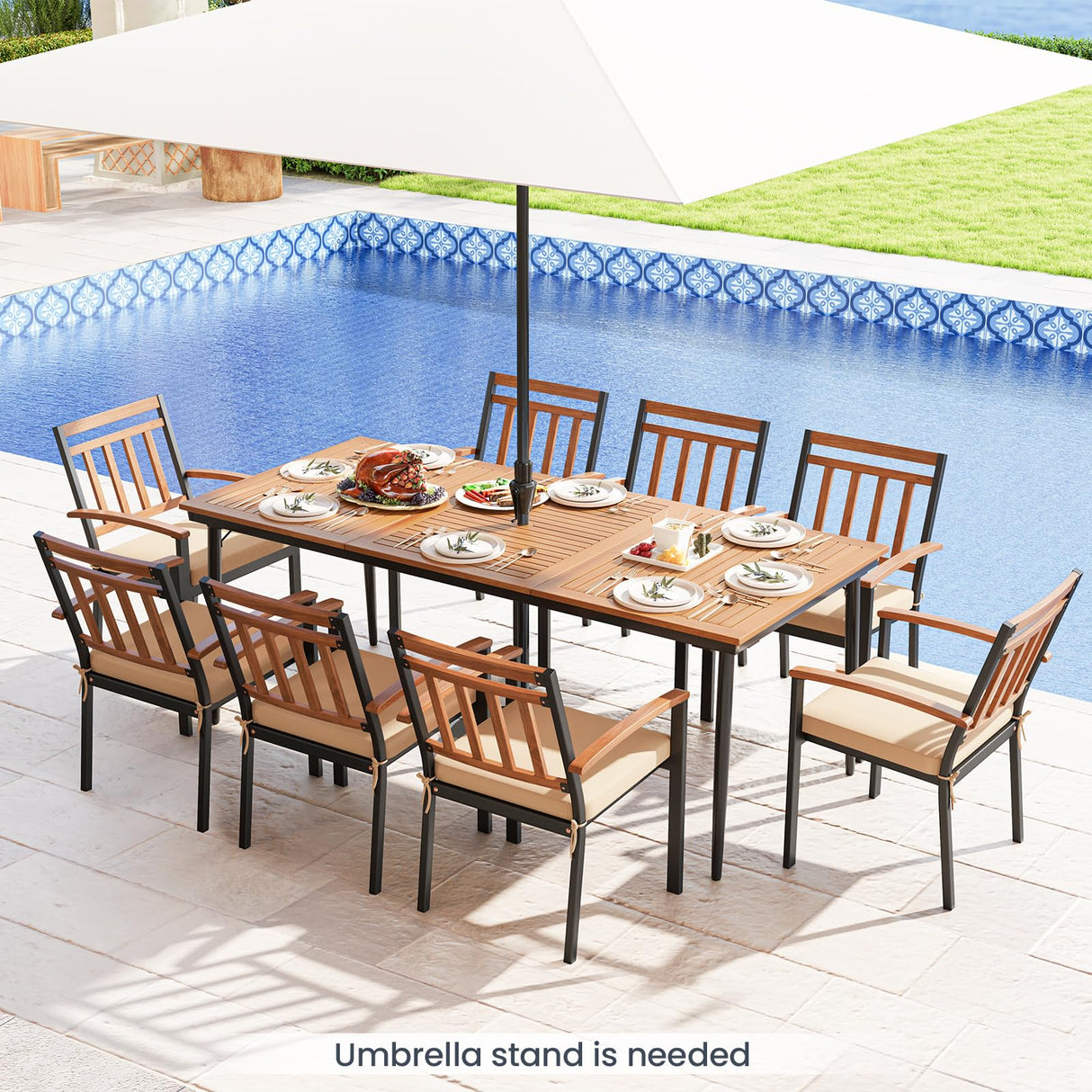 Outdoor Dining Table for 6-8 People, Rectangular Eating Table with 2 inch Umbrella Hole