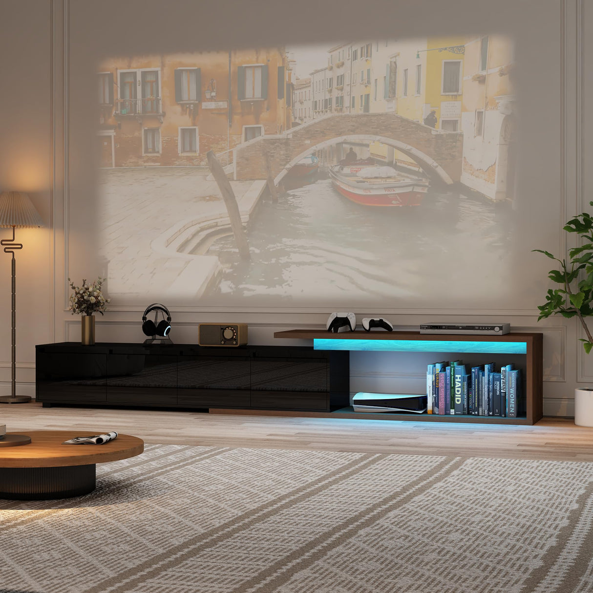 Extendable TV Stand with LED Light, Modern Entertainment Center for up to 120 Inch TV