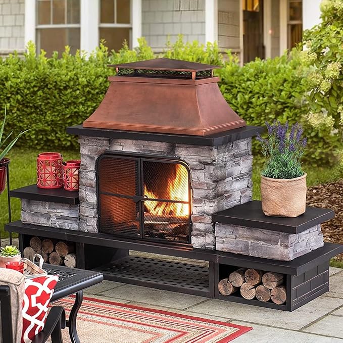Outdoor Fireplace, Patio Wood Burning Fireplace with Steel Chimney