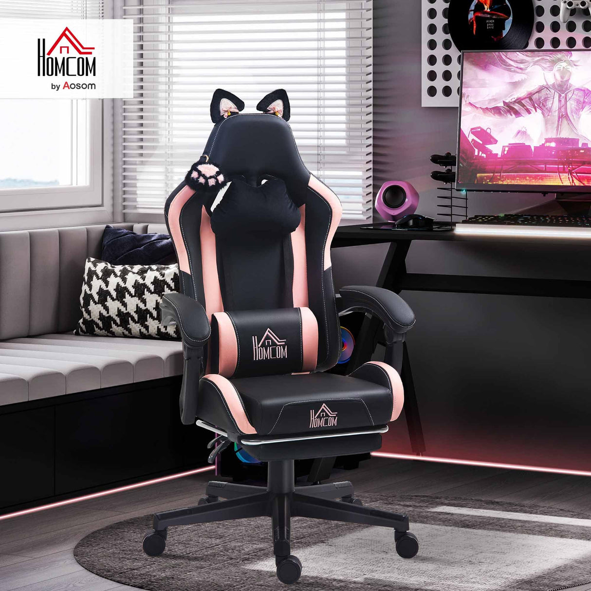 Racing Gaming Chair with Cat Ears - Reclining Computer Chair with Footrest