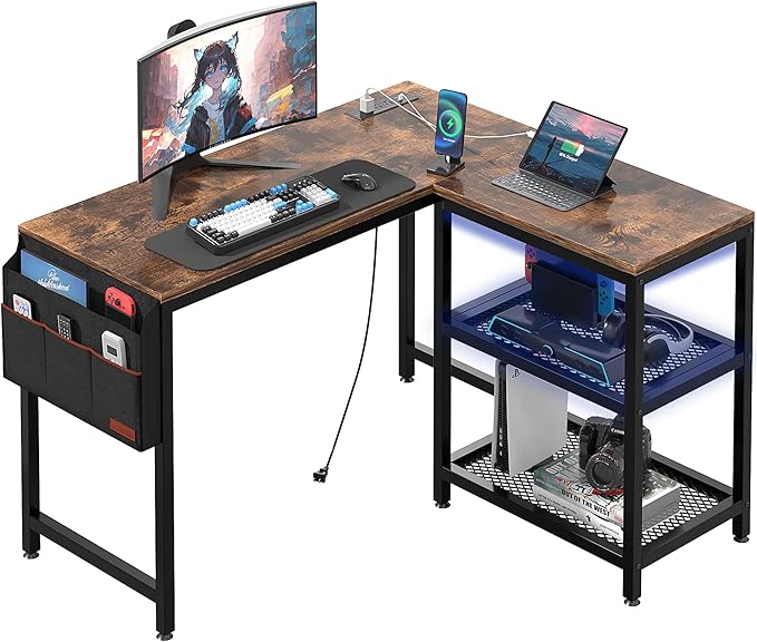 L Shaped Computer Desk 49 Inch Writing Study Corner Gaming Table with Storage Shelves and Side Bag, for Home Office Workstation