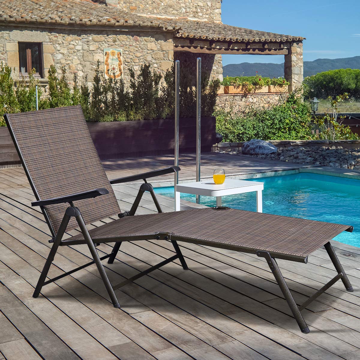 Chaise Lounge Chair with 5 Adjustable Reclining Positions, Patio Folding Recliner for Yard,