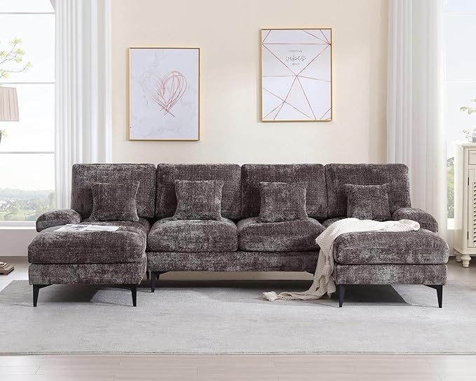 U Shaped Couch Sofa, Big Deep Seat Sectional Couch with 4 Throw Pillows