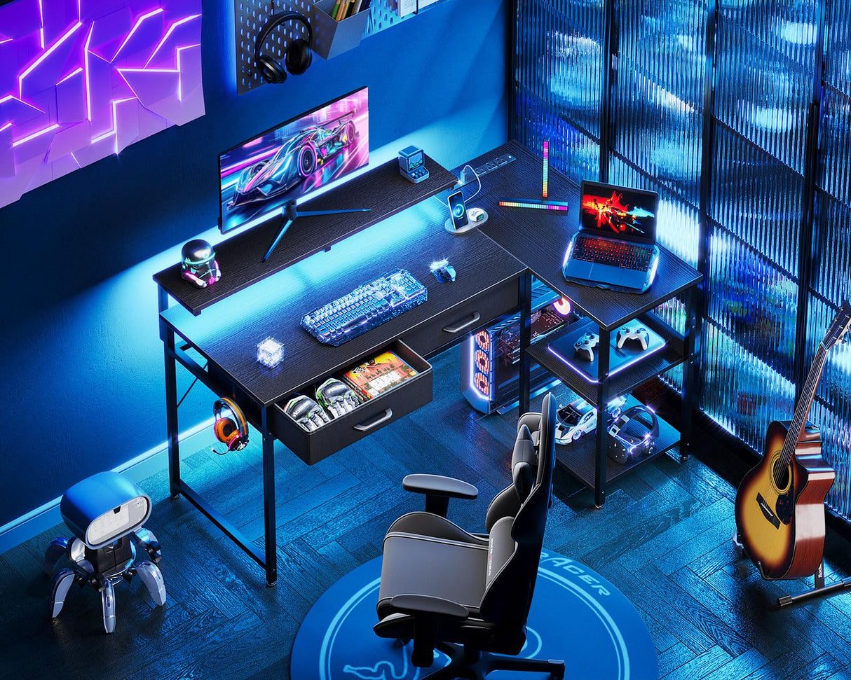 40 Inch L Shaped Gaming Desk with 2 Drawers & Storage Shelves, Computer Desk