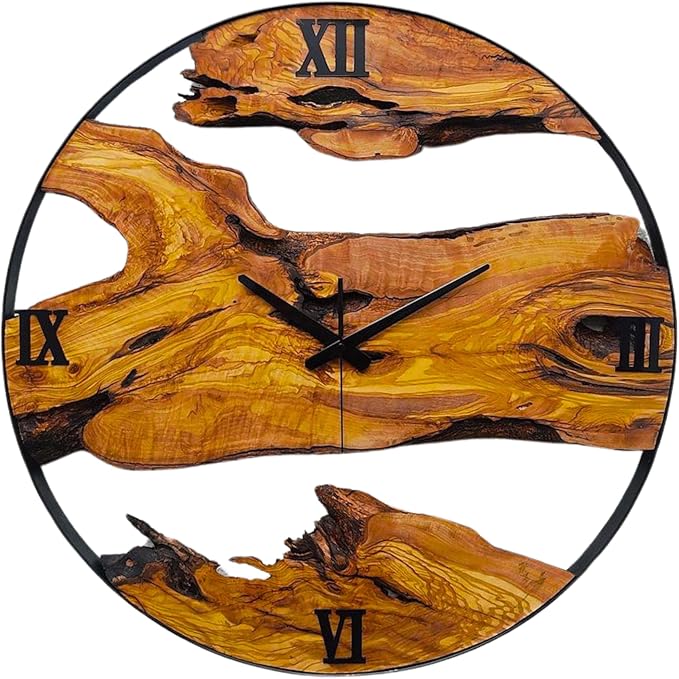 Olive Wood Wall Clock with Steel Frame, Living Room Kitchen Wall Decor