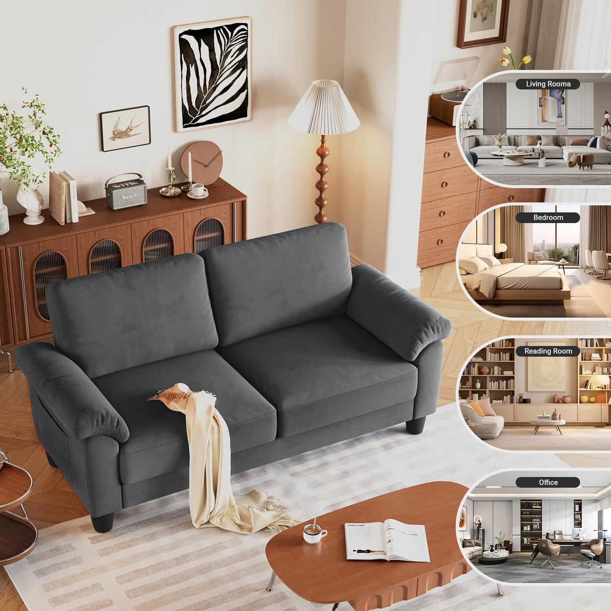 70" Velvet Sofa Couch with Storage - Mid-Century Modern Loveseat for Small Spaces