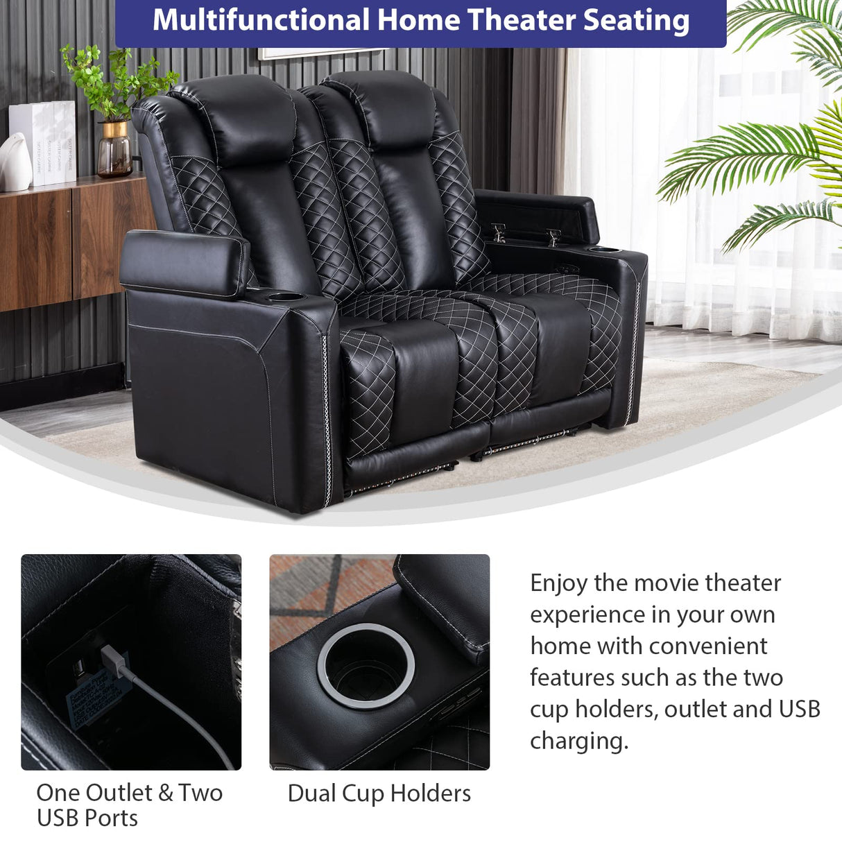 Home Theater Seating, Electric Power Recliner with USB Ports and Cup Holders