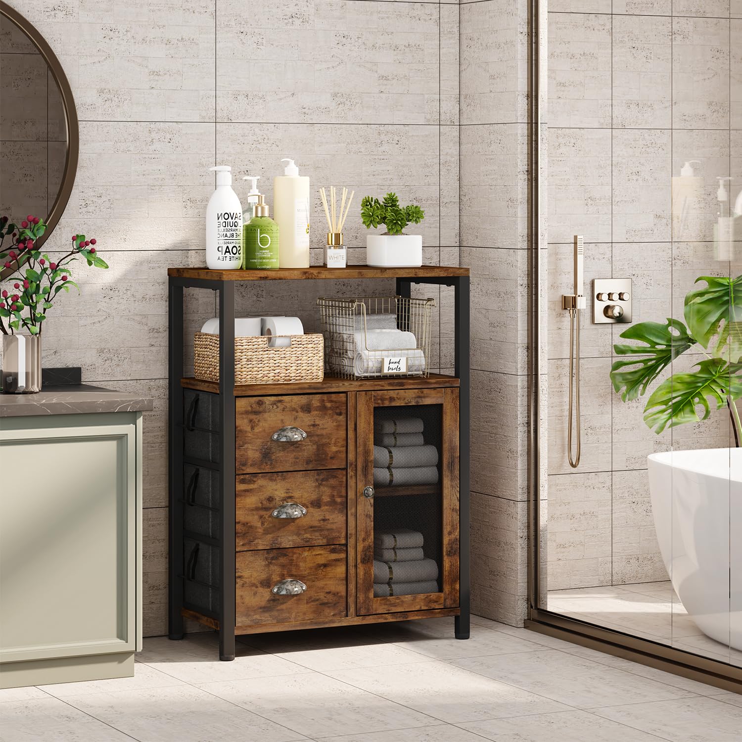 Storage Cabinet, Bathroom Storage Cabinet Organizer with 3 Removable Drawers and 1 Door,