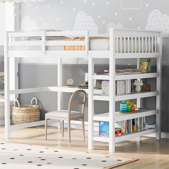 with Desk : Twin Size Loft Bed with 4-Storage Shelves and Under-Bed Desk Solid Wood